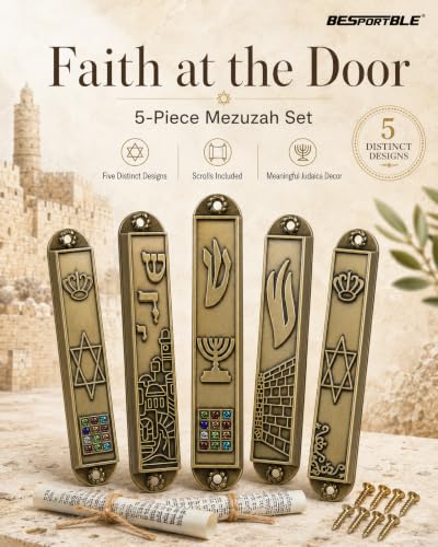 5-Pack Antique Brass Metal Mezuzah Cases with Scrolls - Jewish Door Decor