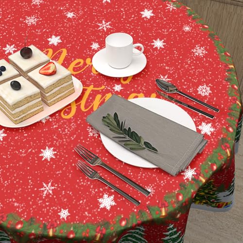 Kawani Christmas Red Tablecloth 60 Inch Round Snowflake & Tree Design - Holiday Kitchen Decor