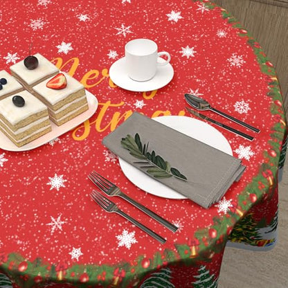 Kawani Christmas Red Tablecloth 60 Inch Round Snowflake & Tree Design - Holiday Kitchen Decor