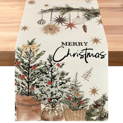 Beige Christmas Table Runner 13x72 Inches Holly Pine Cone Holiday Decor