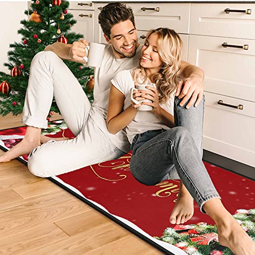 Christmas Kitchen Rugs 2 Pieces - Merry Christmas Non-Slip Washable Padded Mats, Color-1 (17 x 30 & 17 x 47 inches)