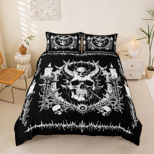 Gothic Skull Duvet Cover Set Full Size Horror Bedding with Moon Skeleton Design for Kids & Teens - No Comforter