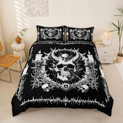 Gothic Skull Duvet Cover Set Full Size Horror Bedding with Moon Skeleton Design for Kids & Teens - No Comforter