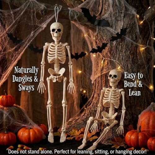 Halloween Hanging Skeleton Decorations - Small 16 Inches - Set of 2 - Flexible Joints