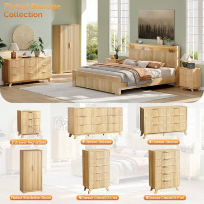 Fluted Wood Armoire Wardrobe with Doors, 2-Shelf Hanging Closet