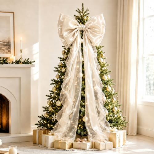 JOICEE Large Champagne Glitter Satin Christmas Tree Topper Bow 20x59 Inch - Variation of Champagne
