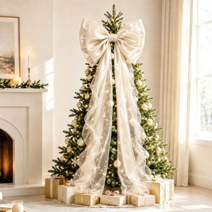 JOICEE Large Champagne Glitter Satin Christmas Tree Topper Bow 20x59 Inch - Variation of Champagne