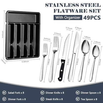 BEWOS 49-Piece Stainless Steel Flatware Set for 8 with Organizer - Includes Knives, Forks & Spoons