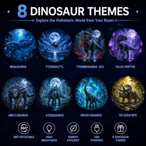 Jurassic Dinosaur Night Light Projector with 8 Themes - Ambient Wall & Ceiling Decor