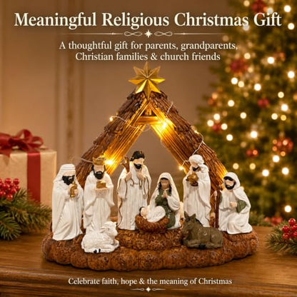 Lighted Nativity Set for Christmas - 10.2 Inch Resin Manger Scene with LED Lights