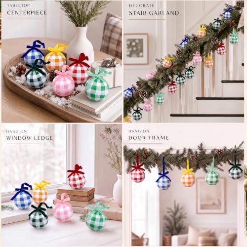 Gingham Plaid Christmas Tree Ornaments - 6 Glass Holiday Decorations with Velvet Bows