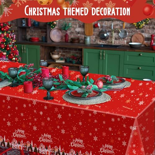 Christmas Tablecloths 3 Pack - Red Festive Plastic Covers with Santa & Snowflakes
