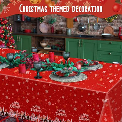 Christmas Tablecloths 3 Pack - Red Festive Plastic Covers with Santa & Snowflakes