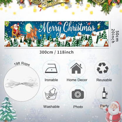 Blue Santa Sled Christmas Banner Outdoor Yard Sign 210x40cm for Festive Decor