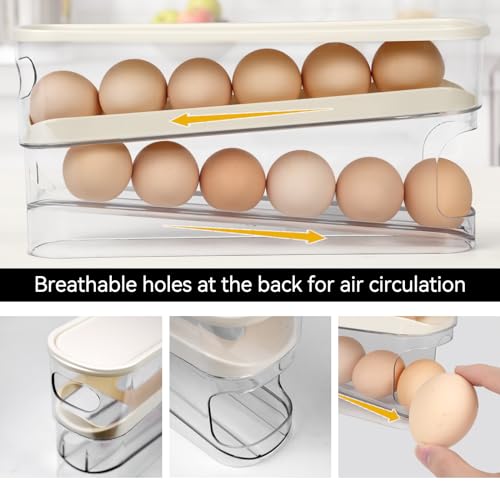 Egg Holder For Fridge With Lid - Auto Roll Down Egg Dispenser For Refrigerator Storage Organizer Space Saving Egg - Easy Access 2 Tier Egg Storage Rack (1 pcs)