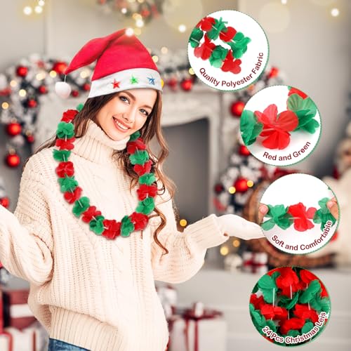 Christmas Leis 24 Pack Red and Green Flower Hawaiian Party Decorations - Festive Holiday Accessories