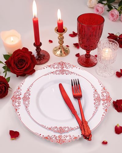 Red Plastic Dinnerware Set for 25 Guests - Includes Plates, Cups, Napkins & Silverware with White and Red Design