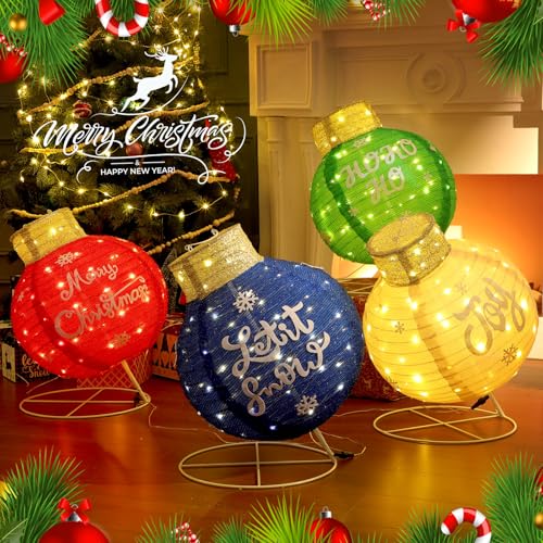 Large Outdoor Christmas Ball Lighted Ornament Set - 4 Collapsible Decor with LED Lights