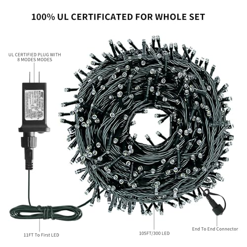 Blue White 105ft LED Christmas String Lights, 300 Bulbs, Indoor Outdoor