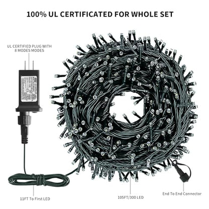 Blue White 105ft LED Christmas String Lights, 300 Bulbs, Indoor Outdoor
