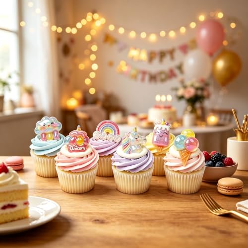 24 Pcs Unicorn Rainbow Glitter Cupcake Topper Rings - Unicon Variation