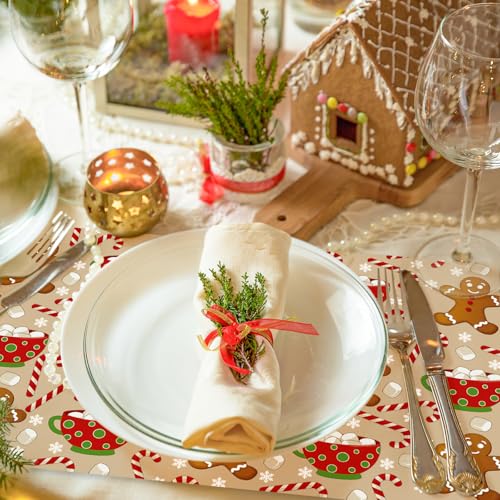 Christmas Paper Placemat Gingerbread Man Candy Cane Set - Holiday Dinner Table Decor, 50 Sheets, 11 x 17 Inch