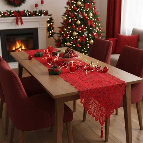 Red Lace Table Runner for Christmas Party Coffee Decor - 13x35 Inches - Variation #1-Red