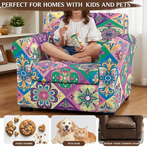 Boho Floral Mandala Sofa Chair Cover Set with Elastic Bottom - 2 Pcs