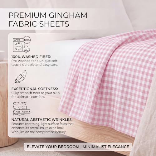 Pink Gingham Twin Sheet Set - 4 Piece Microfiber Plaid Bedding with Deep Pockets