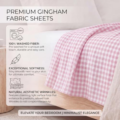 Pink Gingham Twin Sheet Set - 4 Piece Microfiber Plaid Bedding with Deep Pockets