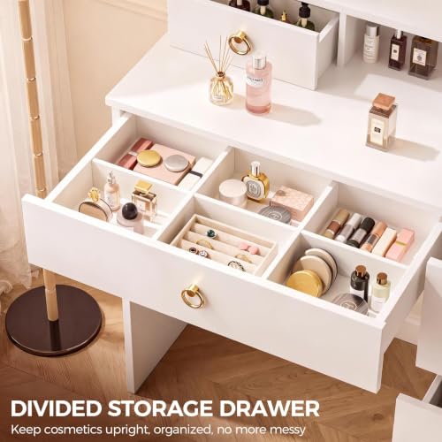 COMHOMA 32in Vanity Desk with Mirror & Lights - White & Gold with Divided Drawers, Open Shelf, 32in Cloud Gold Variation
