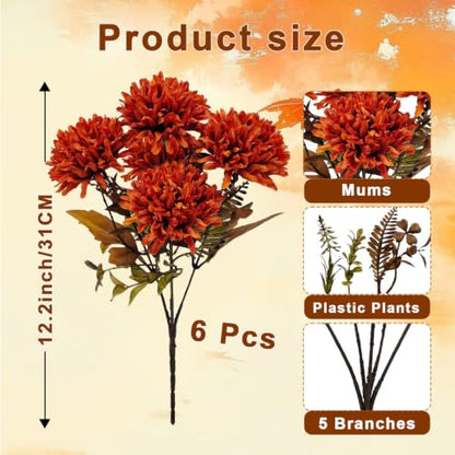 Artificial Fall Mums Flowers Bundle - Burnt Orange Autumn Floral Arrangements for Home & Garden