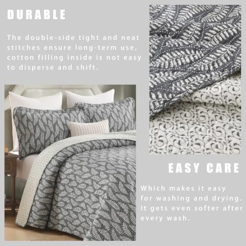 Homzard Queen Size Cotton Quilt Set with Fern Leaf Botanical Design - Gray, 10gray/White
