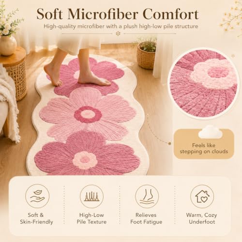 Pink Flower Bath Mat - 19x47 Inch Non-Slip Water-Absorbent Rug for Bathroom & Bedroom (Pink-C)