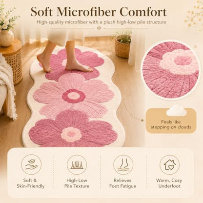 Pink Flower Bath Mat - 19x47 Inch Non-Slip Water-Absorbent Rug for Bathroom & Bedroom (Pink-C)
