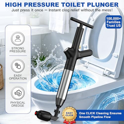 High Pressure Toilet Plunger - Heavy Duty Bathroom Unclogger - Dark Black