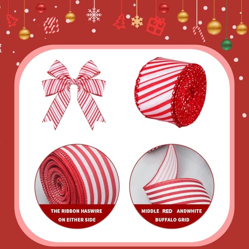 Wired Edge Ribbons Red White Striped Glitter Christmas Ribbon - 10 Yards
