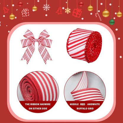Wired Edge Ribbons Red White Striped Glitter Christmas Ribbon - 10 Yards