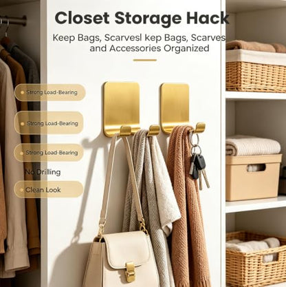 Gold Adhesive Hooks No Drill Wall Hanger for Bathroom Kitchen Shower - Variation 4