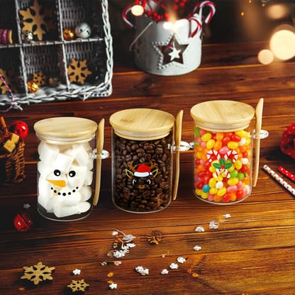 Novel Potchen 3 Pcs Christmas Glass Condiment Jars with Wooden Lids & Spoons