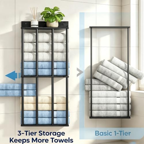 Modern Black 3-Tier Wall Mounted Towel Rack with Wooden Shelf - Bathroom Organizer
