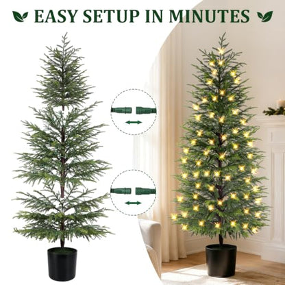 2-Pack 5FT Prelit Norfolk Pine Christmas Trees with LED Lights, Real Touch Foliage, Potted Faux Trees for Indoor Outdoor Decor