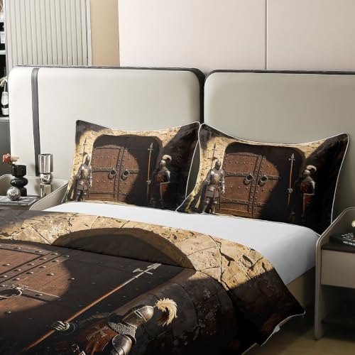 Medieval Knight Duvet Cover Set Twin Size Black Brown White - Kids Bedding