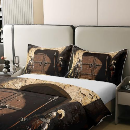 Medieval Knight Duvet Cover Set Twin Size Black Brown White - Kids Bedding