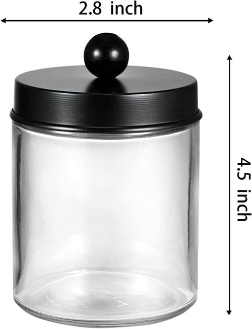 Amolliar Apothecary Jars Set - 4 Pack Bathroom Vanity Storage Organizers with Stainless Steel Lids & Cute Stickers | Black Qtip Dispenser for Cotton Swabs & Makeup Sponges