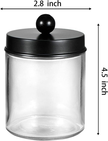 Amolliar Apothecary Jars Set - 4 Pack Bathroom Vanity Storage Organizers with Stainless Steel Lids & Cute Stickers | Black Qtip Dispenser for Cotton Swabs & Makeup Sponges