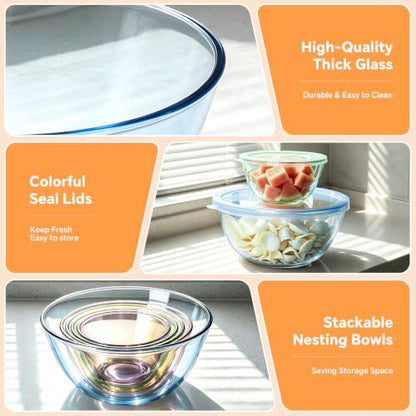 Glass Mixing Bowls Set with Lids - 5 Sizes Kitchen Prep Storage