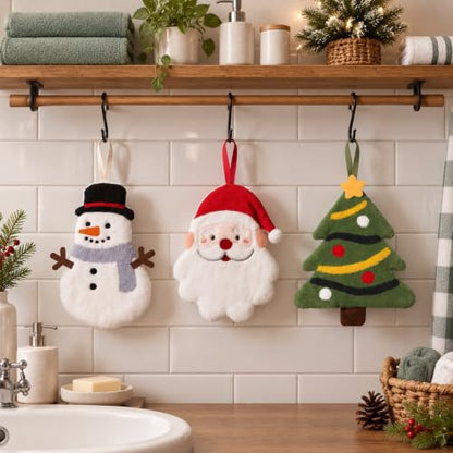 Christmas Coral Fleece Hand Towels Set with Hanging Hooks - 3 Pack