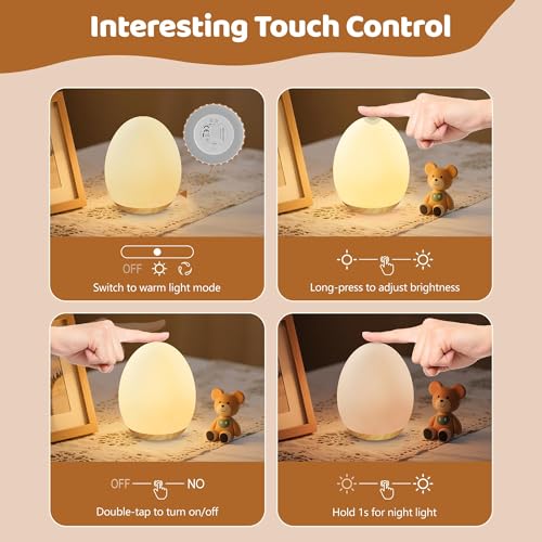 MediAcous Night Light for Kids, Baby Egg Light for Nursery, 7 Colors Changing & Stepless Dimming, Soft Silicone Touch Night Lamp with 1 Hour Timer, Rechargeable Nursery Night for Breastfeeding
