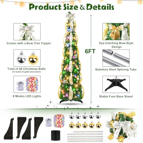 6FT Artificial Christmas Tree with Lights and Timer - Collapsible & Pre-Decorated